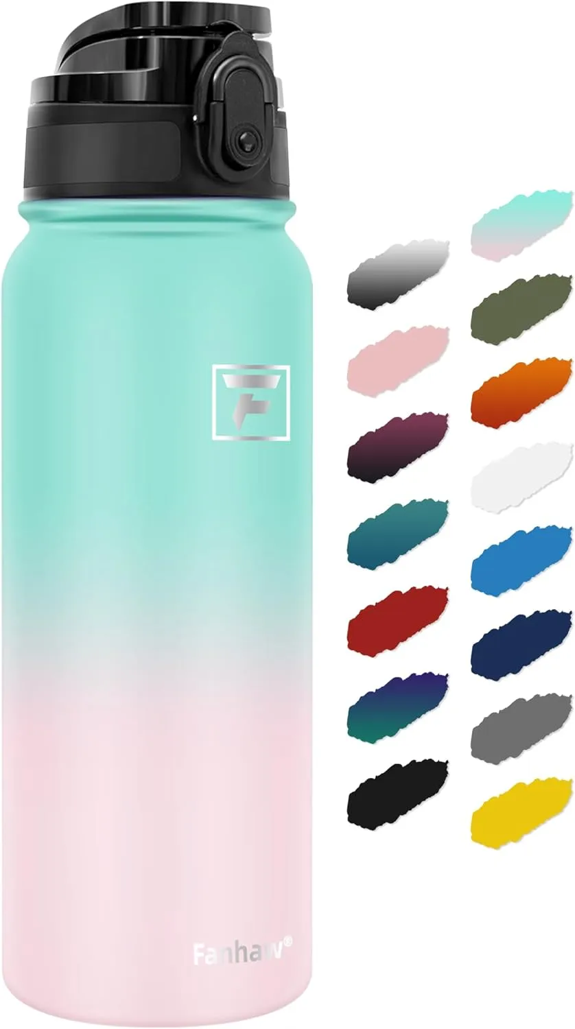 Fanhaw 20 Oz Insulated Stainless Steel Water Bottle with Chug Lid - Leak & Sweat Proof, Anti-Dust | For Kids, Women, Men (Green Pink)