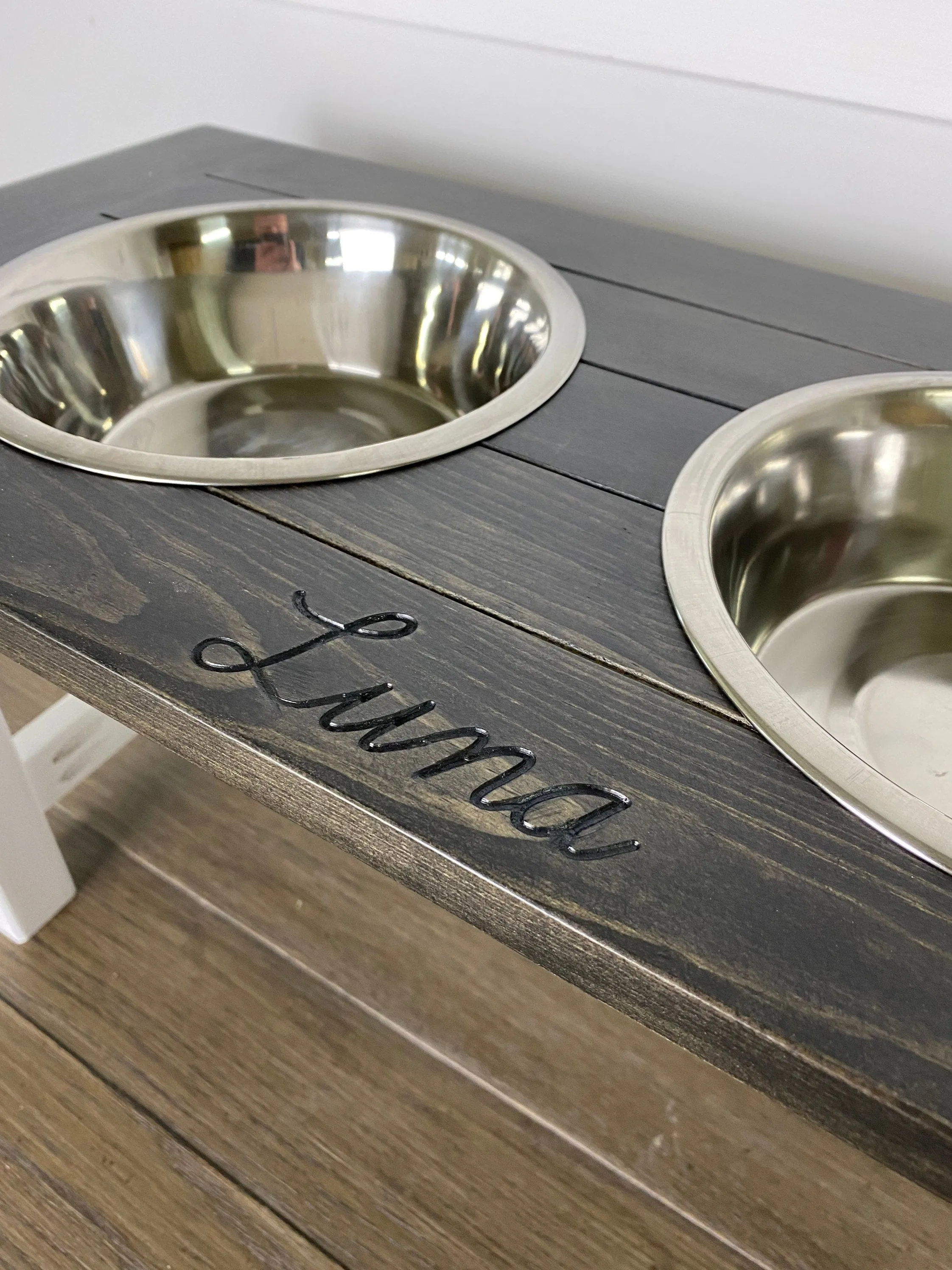 Farmhouse Style Rustic Stained Dog Feeder - Personalized