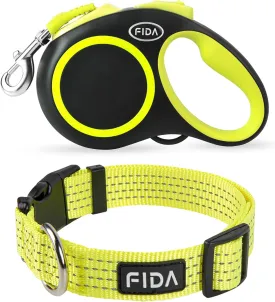 Fida Retractable Dog Leash and Reflective Dog Collar Set, Nylon Dog Collars with Neon Colors for Small/Medium/Large Dogs, High Visibility Dog Collars with Safety Locking Buckle(Large, Neon Yellow)