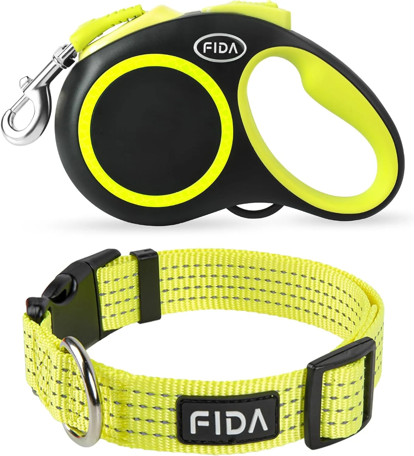 Fida Retractable Dog Leash and Reflective Dog Collar Set, Nylon Dog Collars with Neon Colors for Small/Medium/Large Dogs, High Visibility Dog Collars with Safety Locking Buckle(Large, Neon Yellow)