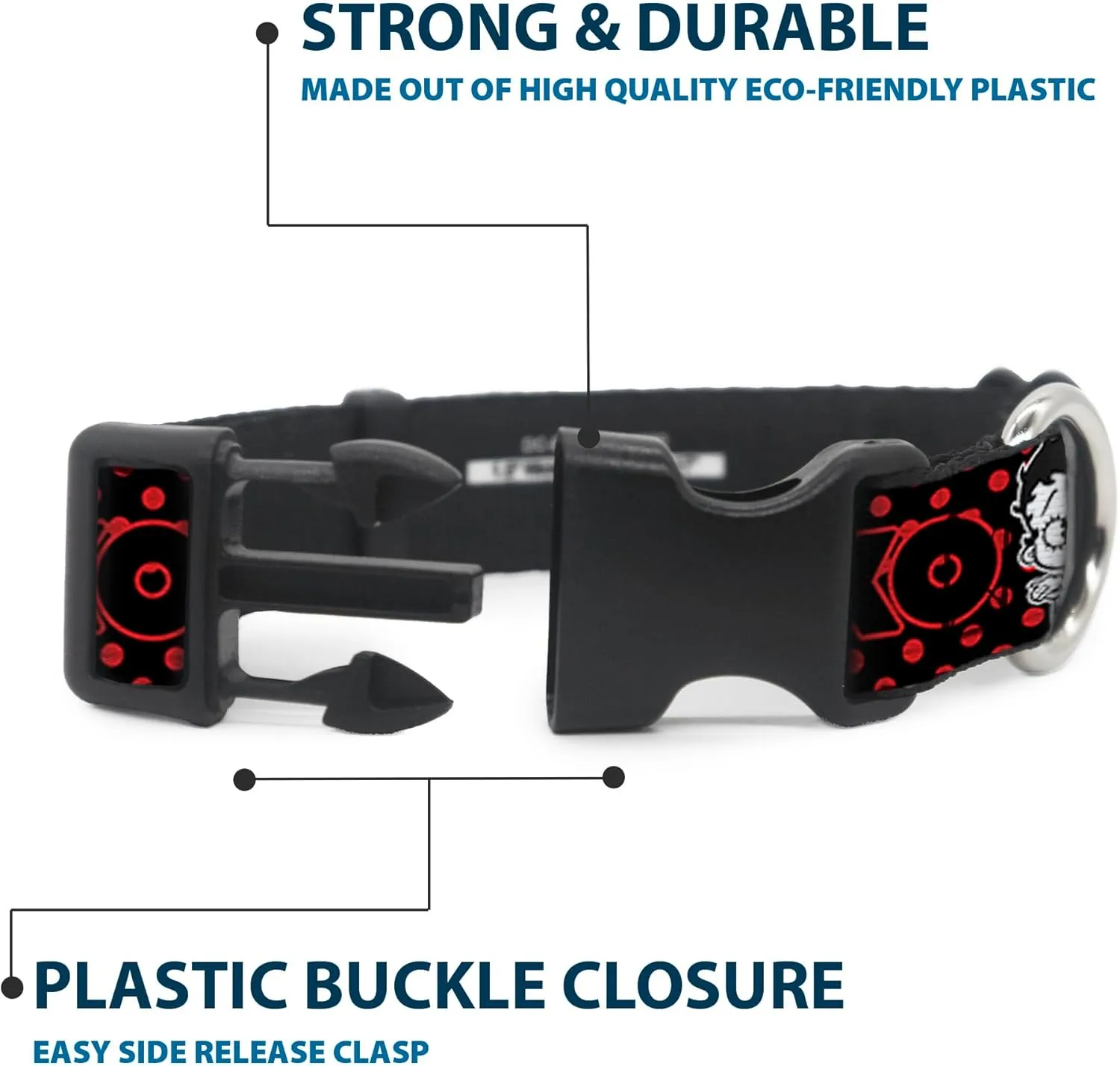 Fleischer Studios, Inc. Pet Collar, Dog Collar Plastic Buckle, Betty Boop Winking Kiss Pose XOXO Text Polka Dot Black Red, 15 to 24 Inches 1.0 Inch Wide