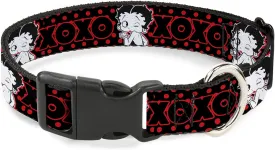 Fleischer Studios, Inc. Pet Collar, Dog Collar Plastic Buckle, Betty Boop Winking Kiss Pose XOXO Text Polka Dot Black Red, 15 to 24 Inches 1.0 Inch Wide