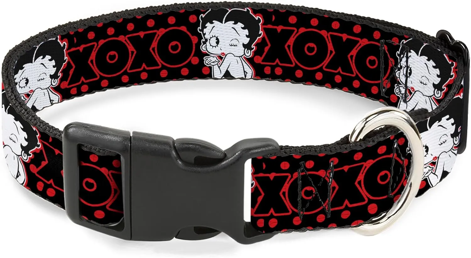 Fleischer Studios, Inc. Pet Collar, Dog Collar Plastic Buckle, Betty Boop Winking Kiss Pose XOXO Text Polka Dot Black Red, 15 to 24 Inches 1.0 Inch Wide