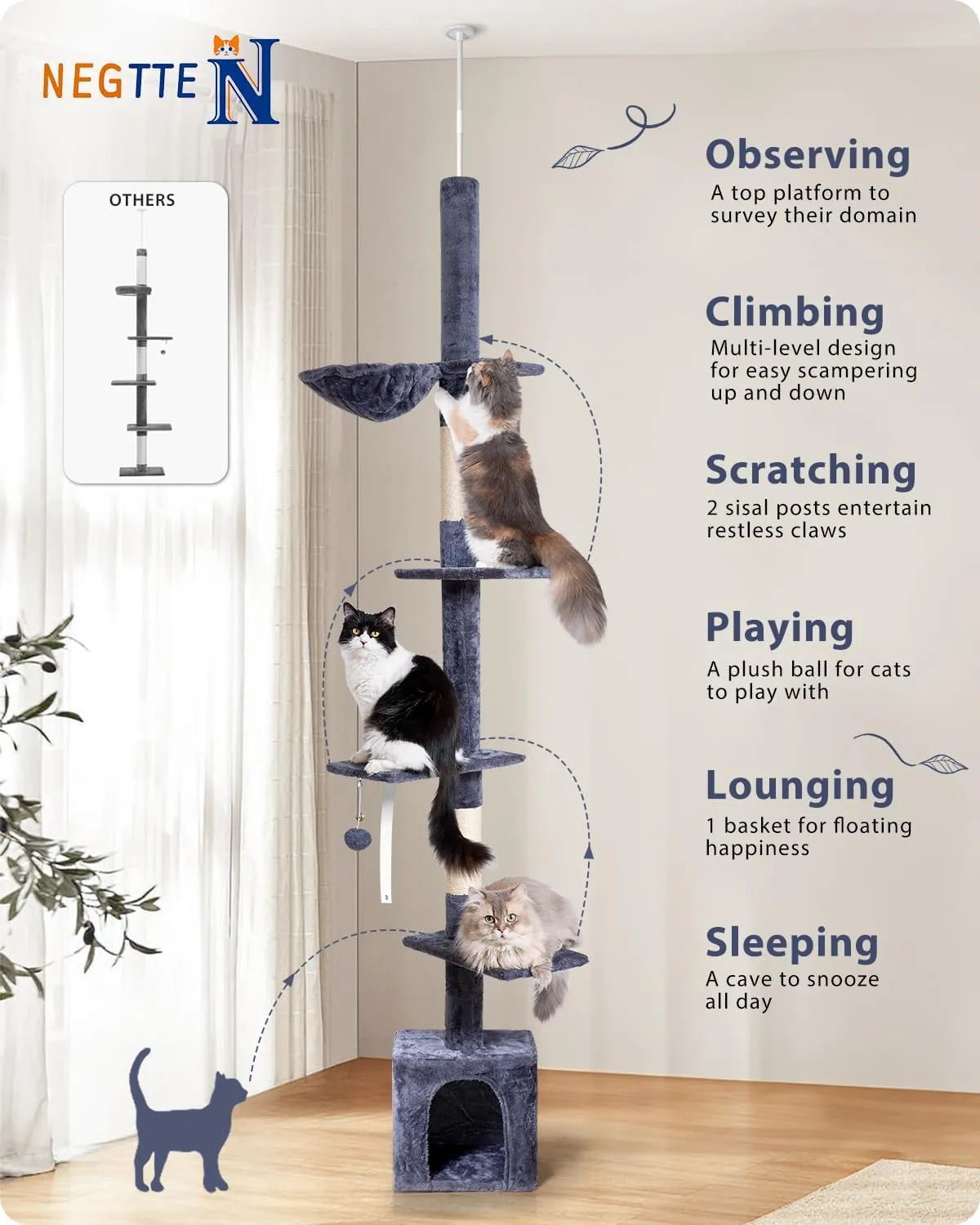 Floor to Ceiling Cat Tree, 5-Tier Height (95-109 inches) - Adjustable Cat Climbing Tower with Sisal Scratching Posts, Cat Condo, Hammock, Platforms, and Hanging Balls