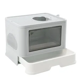Foldable Cat Litter Box Tray Enclosed Kitty Toilet Hood with Hair Grooming - Grey