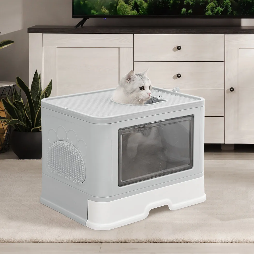 Foldable Cat Litter Box Tray Enclosed Kitty Toilet Hood with Hair Grooming - Grey
