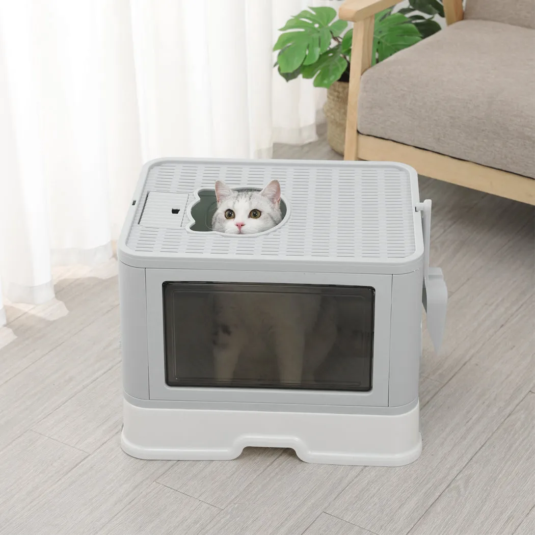 Foldable Cat Litter Box Tray Enclosed Kitty Toilet Hood with Hair Grooming - Grey