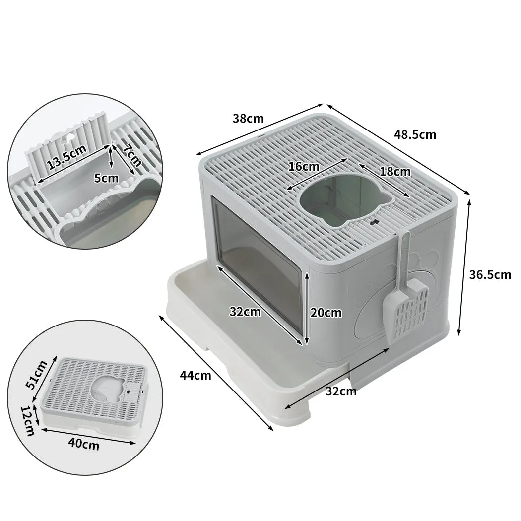 Foldable Cat Litter Box Tray Enclosed Kitty Toilet Hood with Hair Grooming - Grey