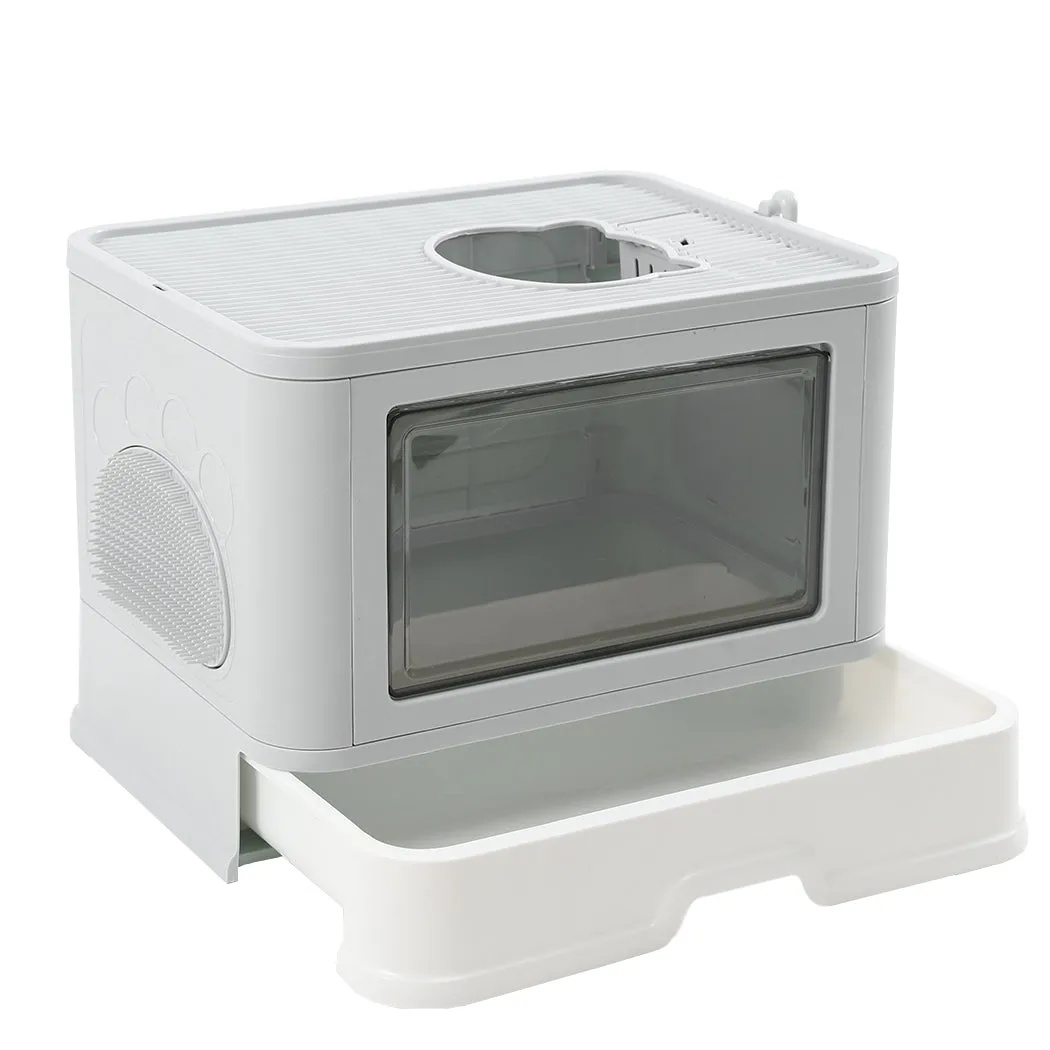 Foldable Cat Litter Box Tray Enclosed Kitty Toilet Hood with Hair Grooming - Grey