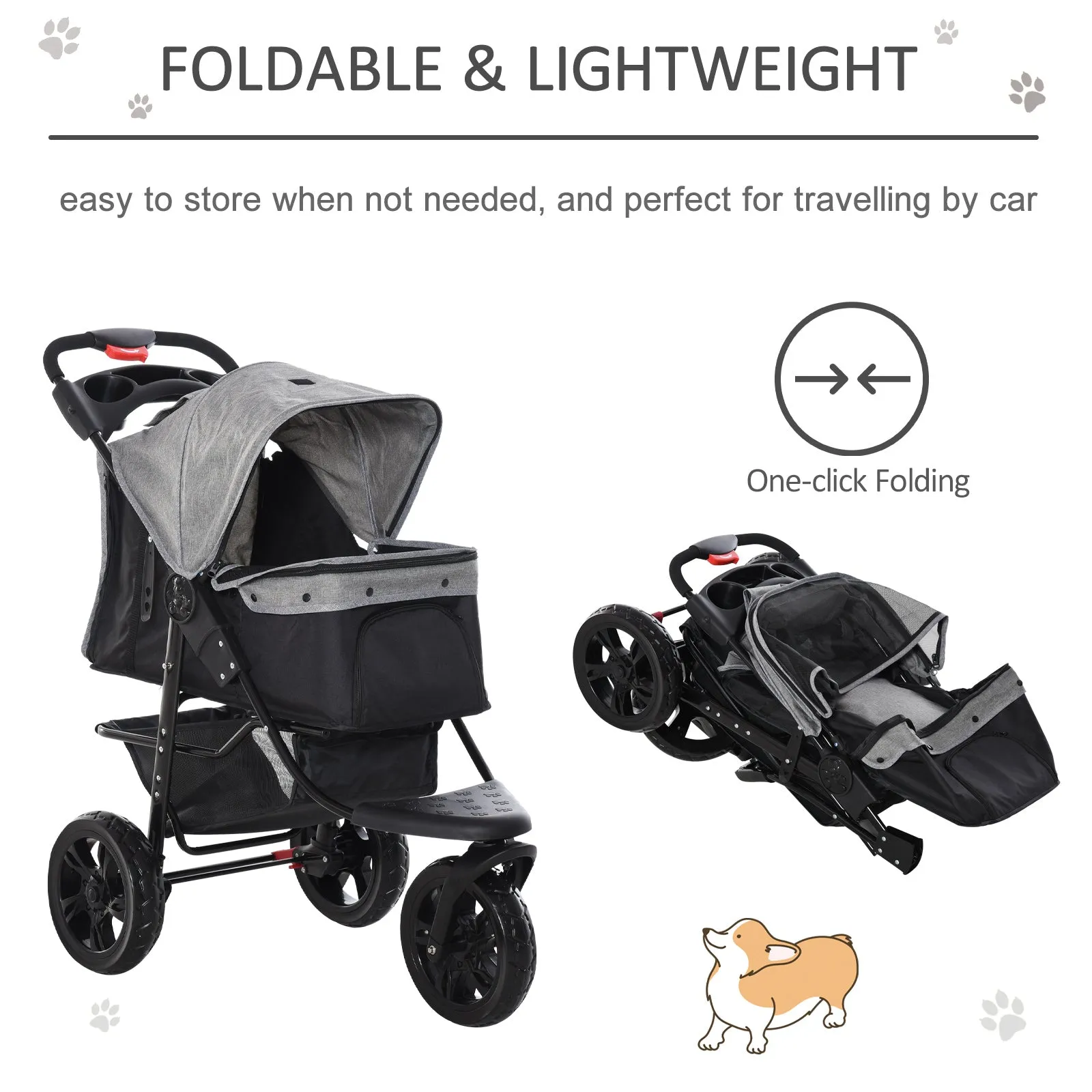 Folding 3 Wheel Pet Stroller Travel w/ Adjustable Canopy Storage Brake Grey