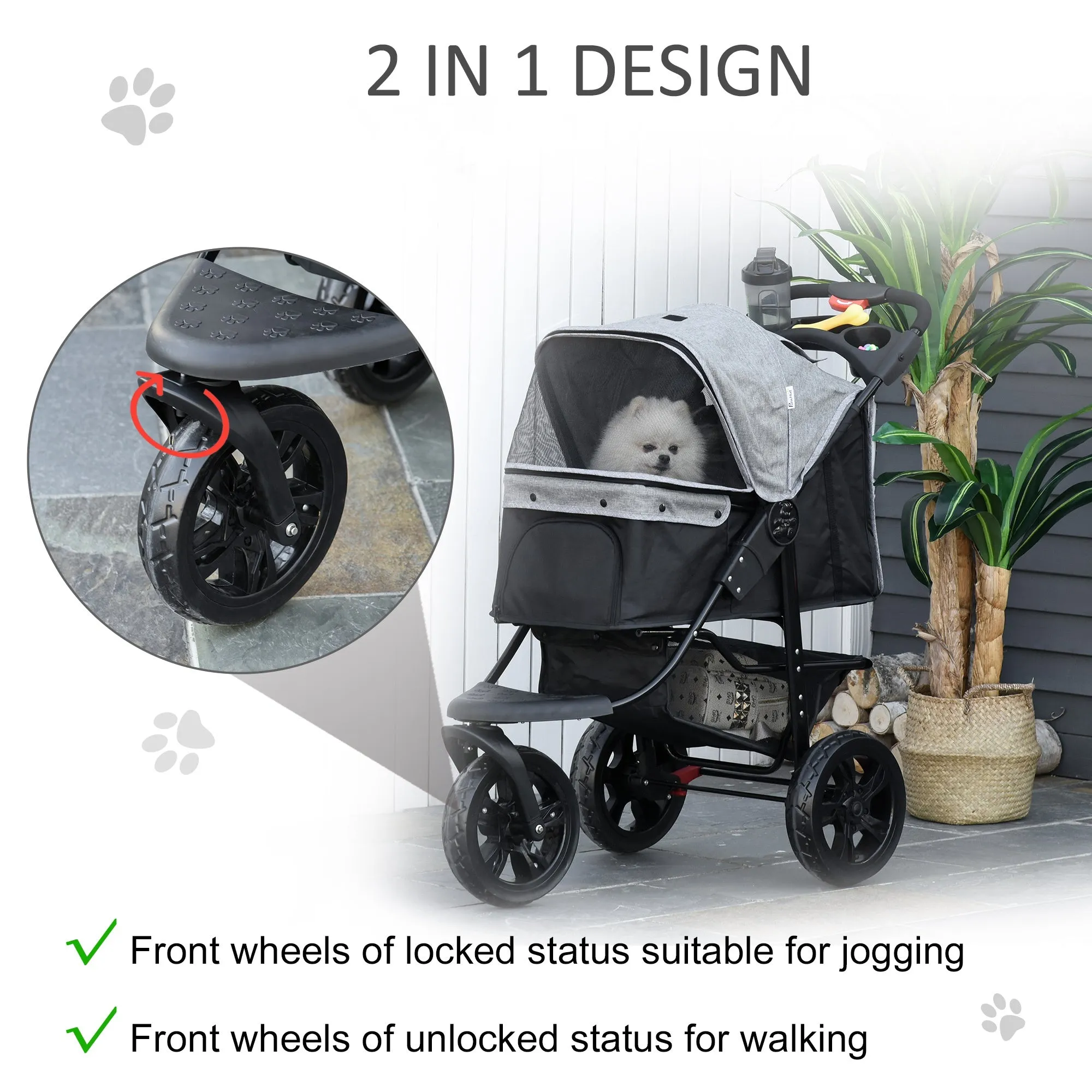 Folding 3 Wheel Pet Stroller Travel w/ Adjustable Canopy Storage Brake Grey