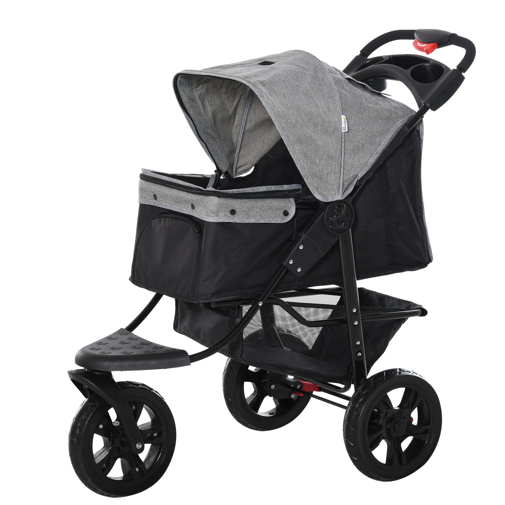Folding 3 Wheel Pet Stroller Travel w/ Adjustable Canopy Storage Brake Grey