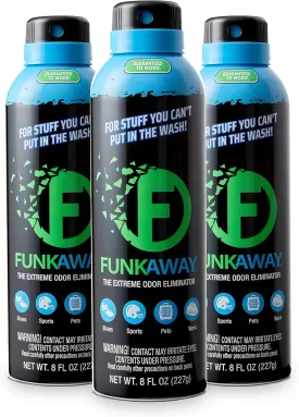 FunkAway Aerosol Spray, 8 oz., 3 Pack, Extreme Odor Eliminator Spray, Ideal for Shoe Smells, Pet Odors and Bulky Stuff that Won't Fit in the Wash; Attacks Musty Odors at the Source