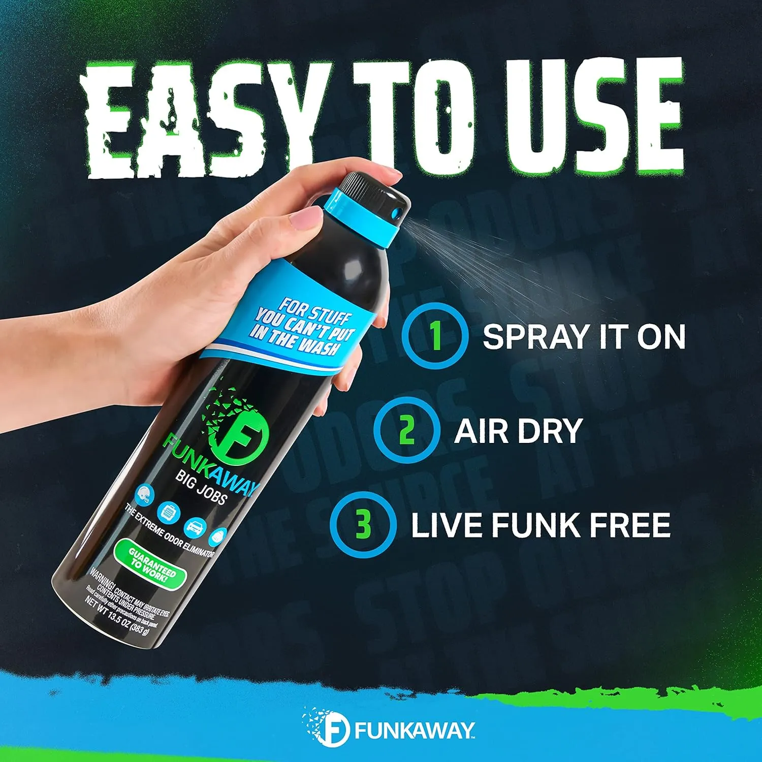 FunkAway Big Jobs Aerosol Spray, 13.5 oz., Extreme Odor Eliminator Spray, Ideal for Shoe Smells, Pet Odors and Large Stuff that Won't Fit in the Wash; Attacks Musty Odors at the Source