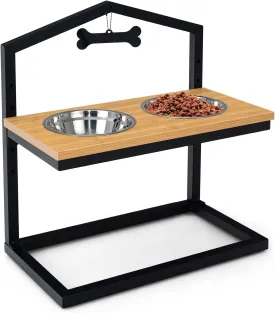 Giantex Elevated Dog Bowls Stand, 5 Adjustable Heights, 2 Stainless Steel Bowls, Non-Slip Metal Frame, Raised Pets Cats Feeding Station, Tall Dog Food Water Bowl Holder Stand (Natural & Black)