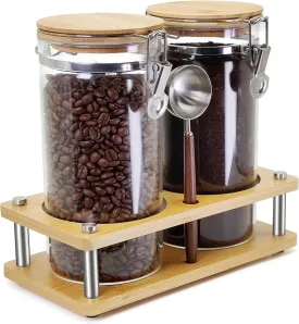 Glass Coffee Grounds Container with Shelf, 2  45 oz Glass Coffee Canister with Airtight Locking Clamp,Glass Storage Jars with Metal Spoon for Coffee Bean, Sugar, Nut