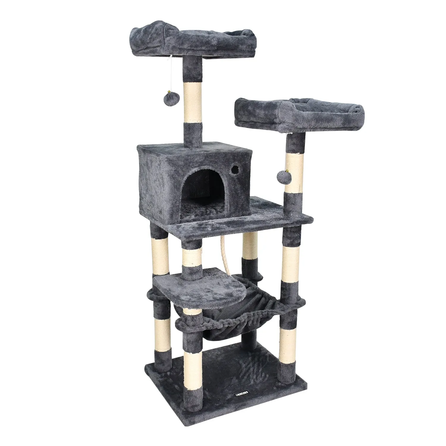 GOOPAWS Multi-Level 57-in Faux Fur Cat Tree & Condo with Hammock, Dark Grey