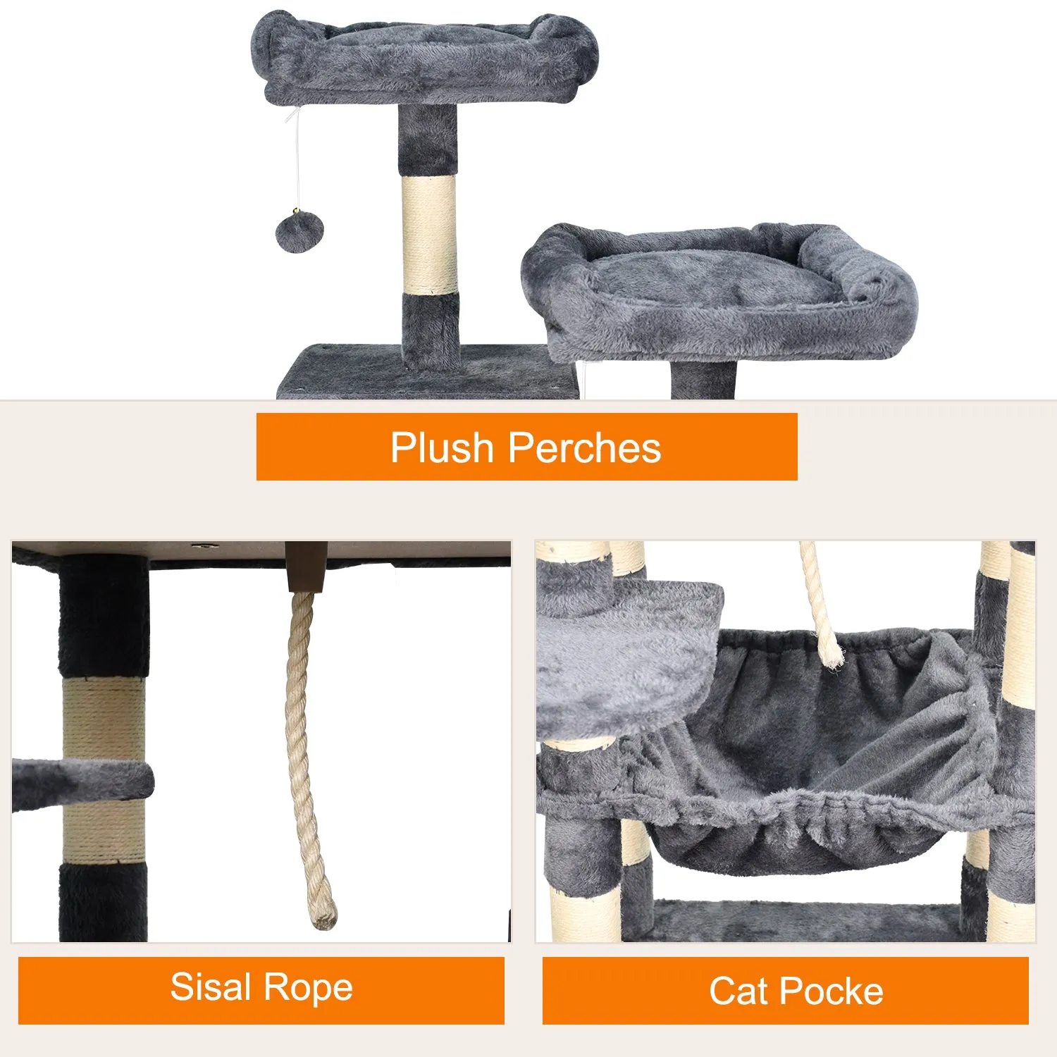 GOOPAWS Multi-Level 57-in Faux Fur Cat Tree & Condo with Hammock, Dark Grey