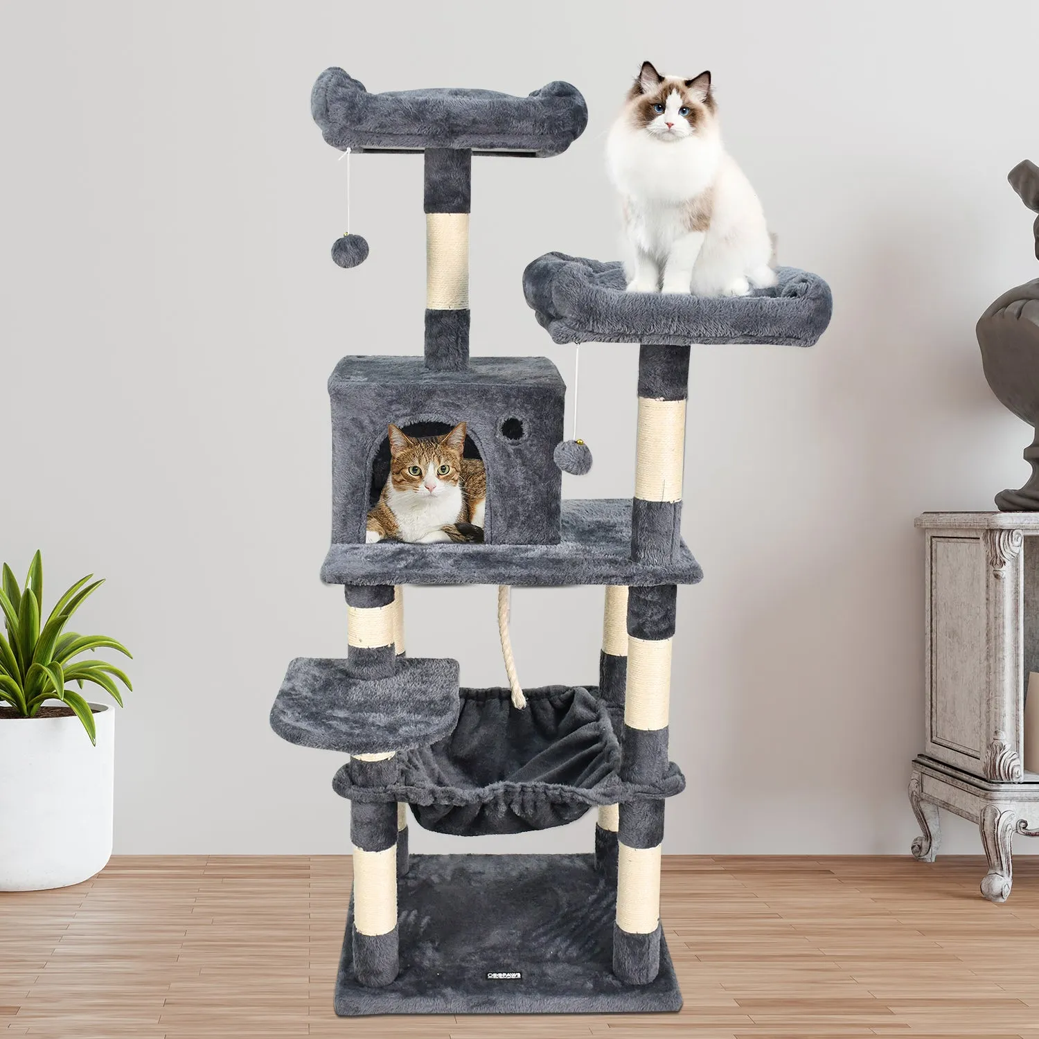 GOOPAWS Multi-Level 57-in Faux Fur Cat Tree & Condo with Hammock, Dark Grey