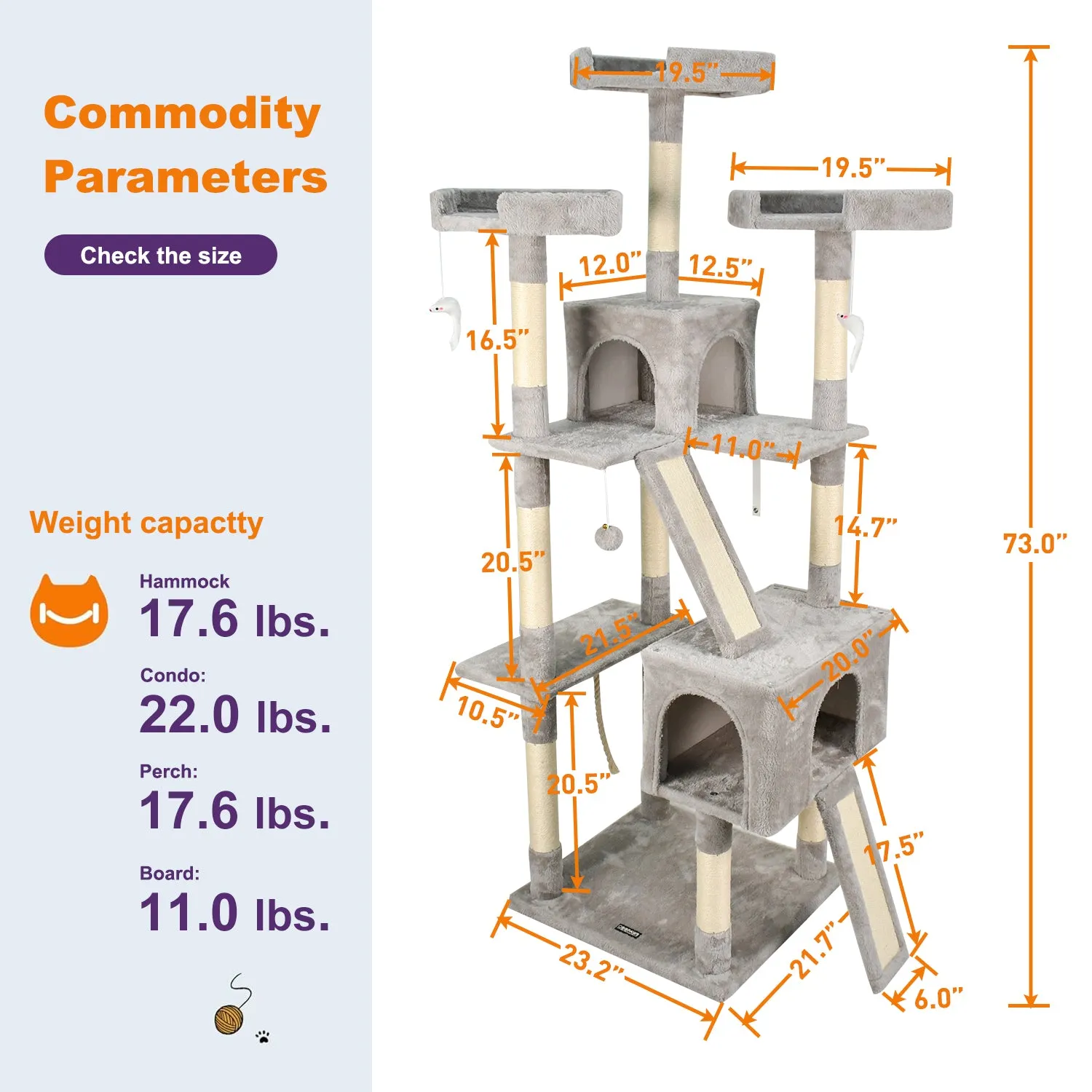 GOOPAWS Multi-Level 72-in Faux Fur Cat Tree & Condo, Grey, 72''