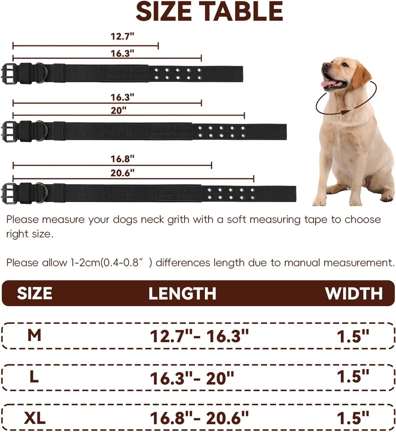 Heavy Duty Dog Collar for Large Dogs, 2 PCS Tactical Dog Collars with Metal Buckle & D Ring, 1.5" Width Thick Adjustable Nylon Collar for Medium Dogs, Black/XL