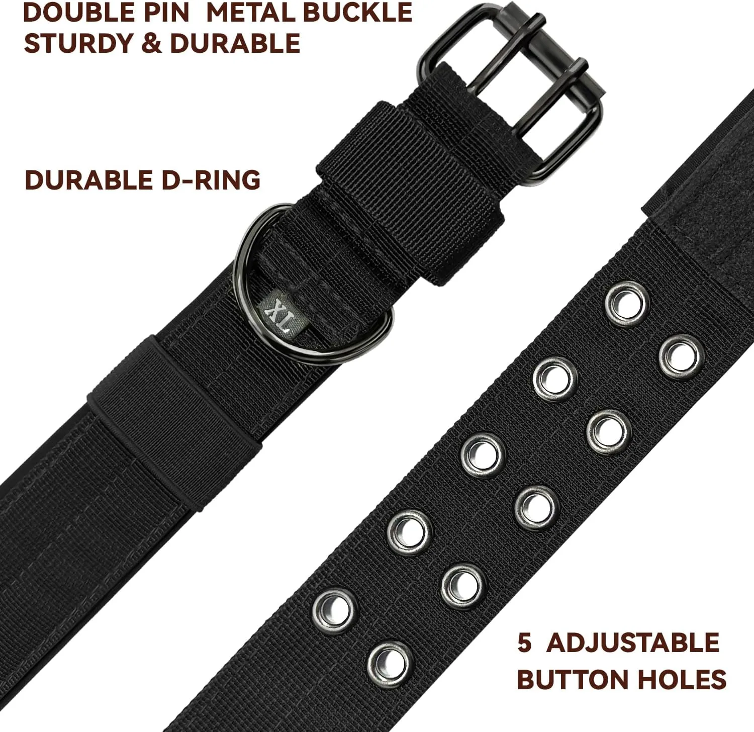 Heavy Duty Dog Collar for Large Dogs, 2 PCS Tactical Dog Collars with Metal Buckle & D Ring, 1.5" Width Thick Adjustable Nylon Collar for Medium Dogs, Black/XL