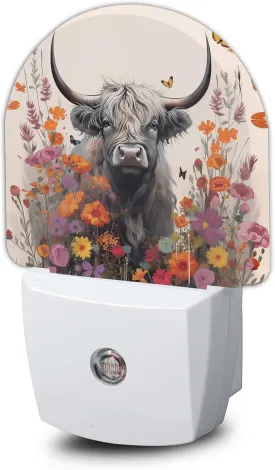 Highland Cow Night Light,Daisy Flower Plug into Wall Nightlights with Dusk to Dawn Light Sensors for Bedroom, Bathroom, Hallway, Kitchen, Night Lights for Boys Girls Women Men