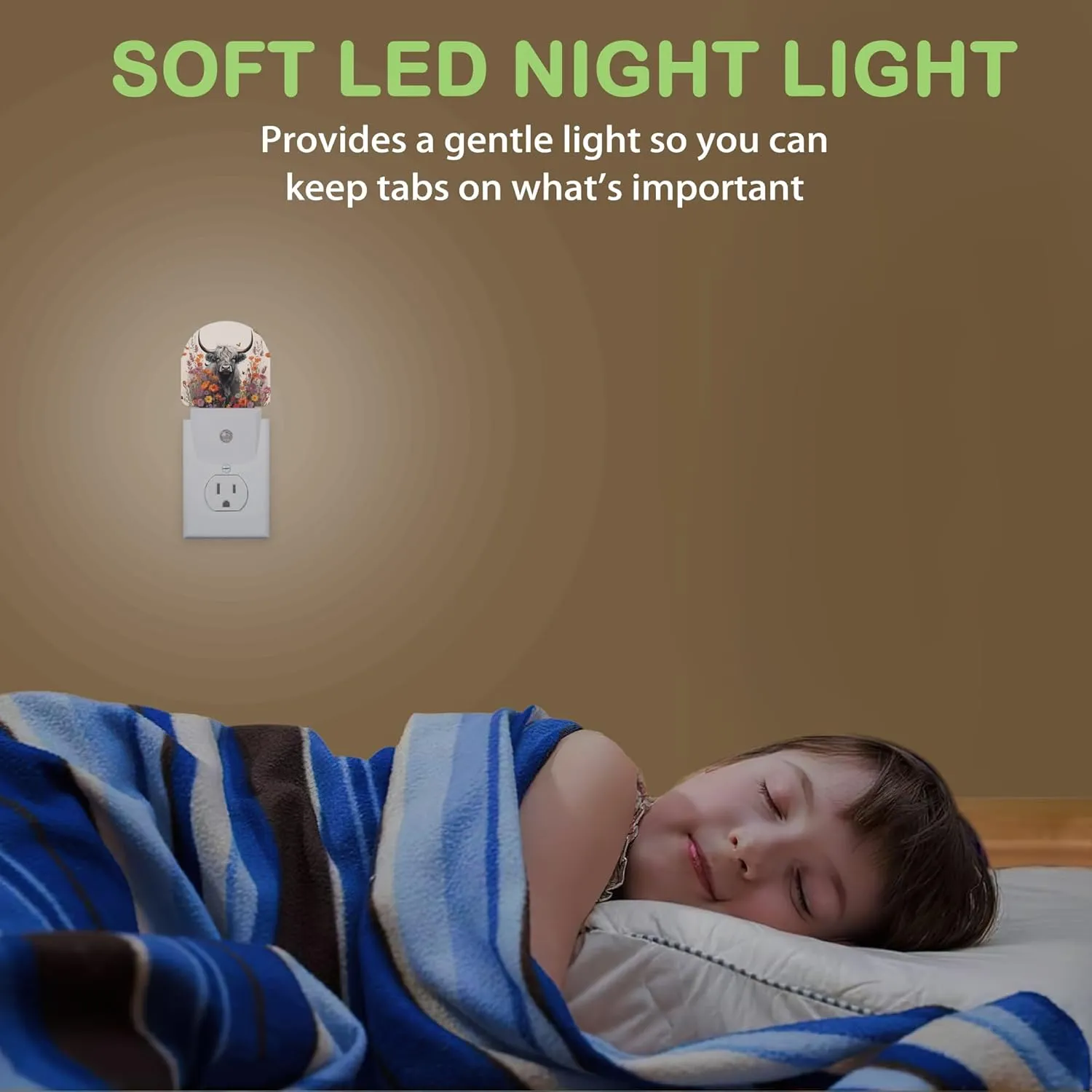 Highland Cow Night Light,Daisy Flower Plug into Wall Nightlights with Dusk to Dawn Light Sensors for Bedroom, Bathroom, Hallway, Kitchen, Night Lights for Boys Girls Women Men