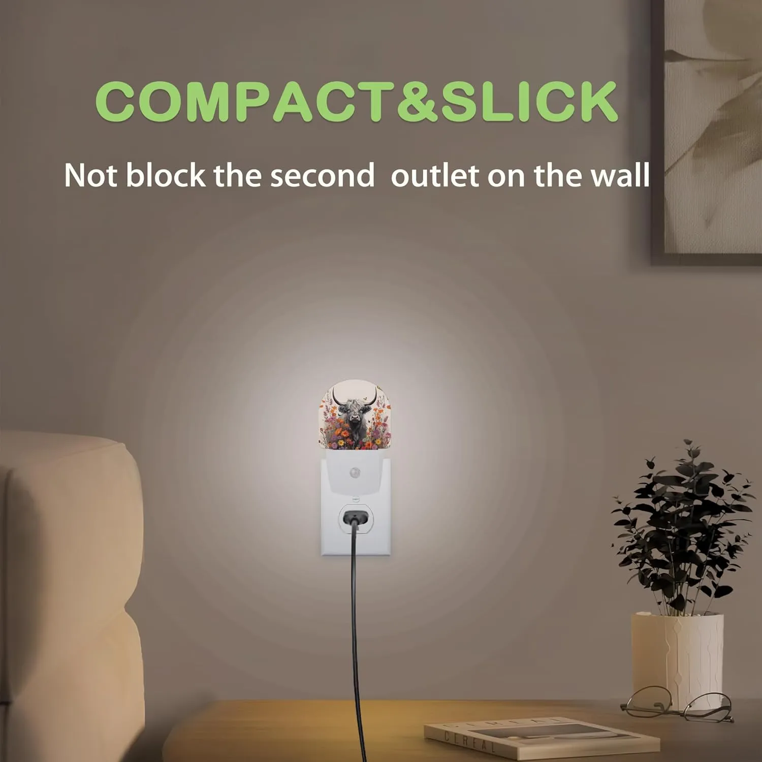Highland Cow Night Light,Daisy Flower Plug into Wall Nightlights with Dusk to Dawn Light Sensors for Bedroom, Bathroom, Hallway, Kitchen, Night Lights for Boys Girls Women Men