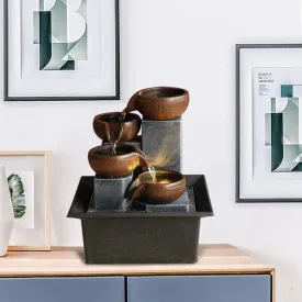 Indoor 4-Tier Relaxation Tabletop Fountain Waterfall Functionwith Warm Color LED Lights and 3-Level Adjustable Water Pump for Home and Office Decoration Brown