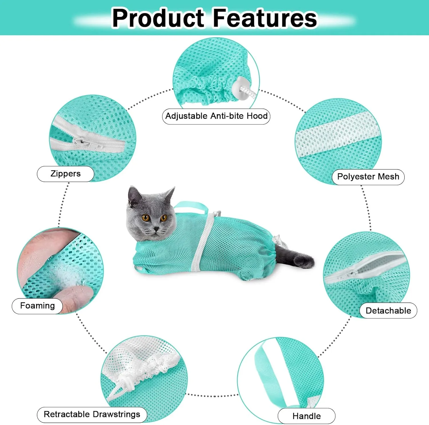 JULMELON Cat Washing Bag 10 PCS Set, Adjustable Cat Shower Net Bag and Pet Grooming Brush with Nail Clipper Nail File Hair Combs Tick Tool Nail Caps for Bathing Nail Trimming Examination(Pink Green)
