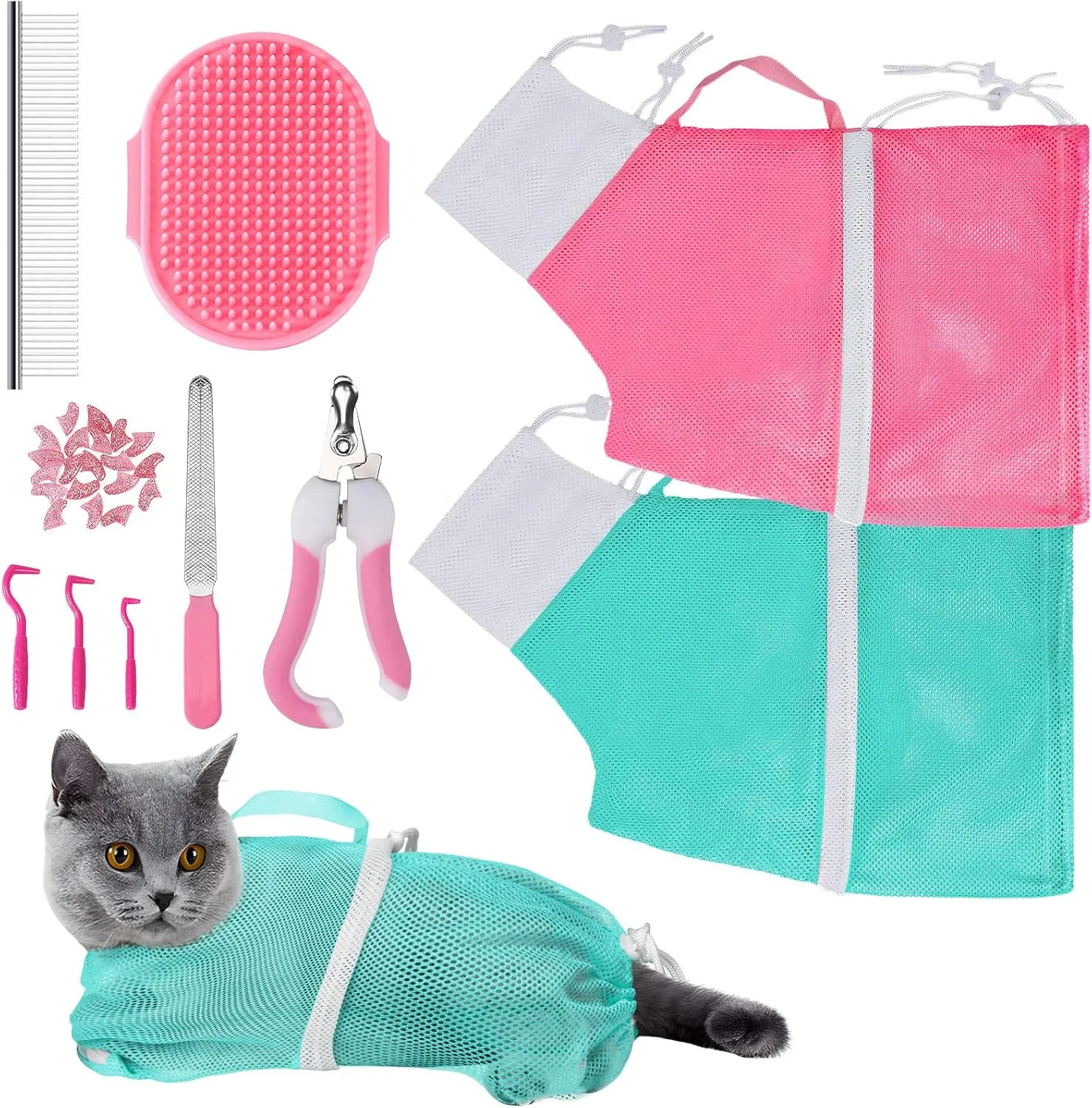 JULMELON Cat Washing Bag 10 PCS Set, Adjustable Cat Shower Net Bag and Pet Grooming Brush with Nail Clipper Nail File Hair Combs Tick Tool Nail Caps for Bathing Nail Trimming Examination(Pink Green)
