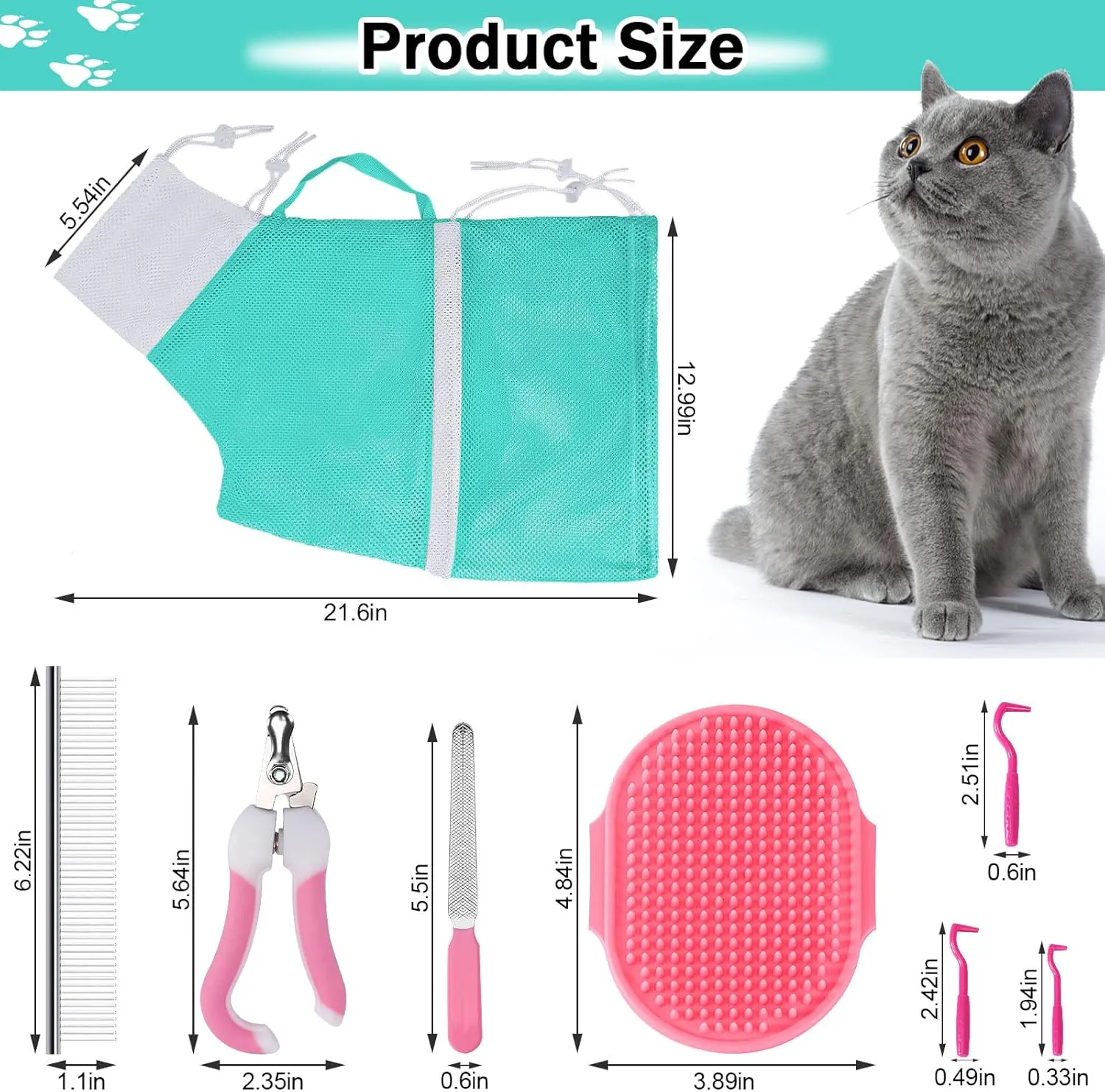 JULMELON Cat Washing Bag 10 PCS Set, Adjustable Cat Shower Net Bag and Pet Grooming Brush with Nail Clipper Nail File Hair Combs Tick Tool Nail Caps for Bathing Nail Trimming Examination(Pink Green)