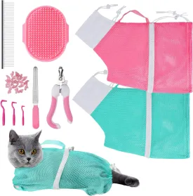 JULMELON Cat Washing Bag 10 PCS Set, Adjustable Cat Shower Net Bag and Pet Grooming Brush with Nail Clipper Nail File Hair Combs Tick Tool Nail Caps for Bathing Nail Trimming Examination(Pink Green)
