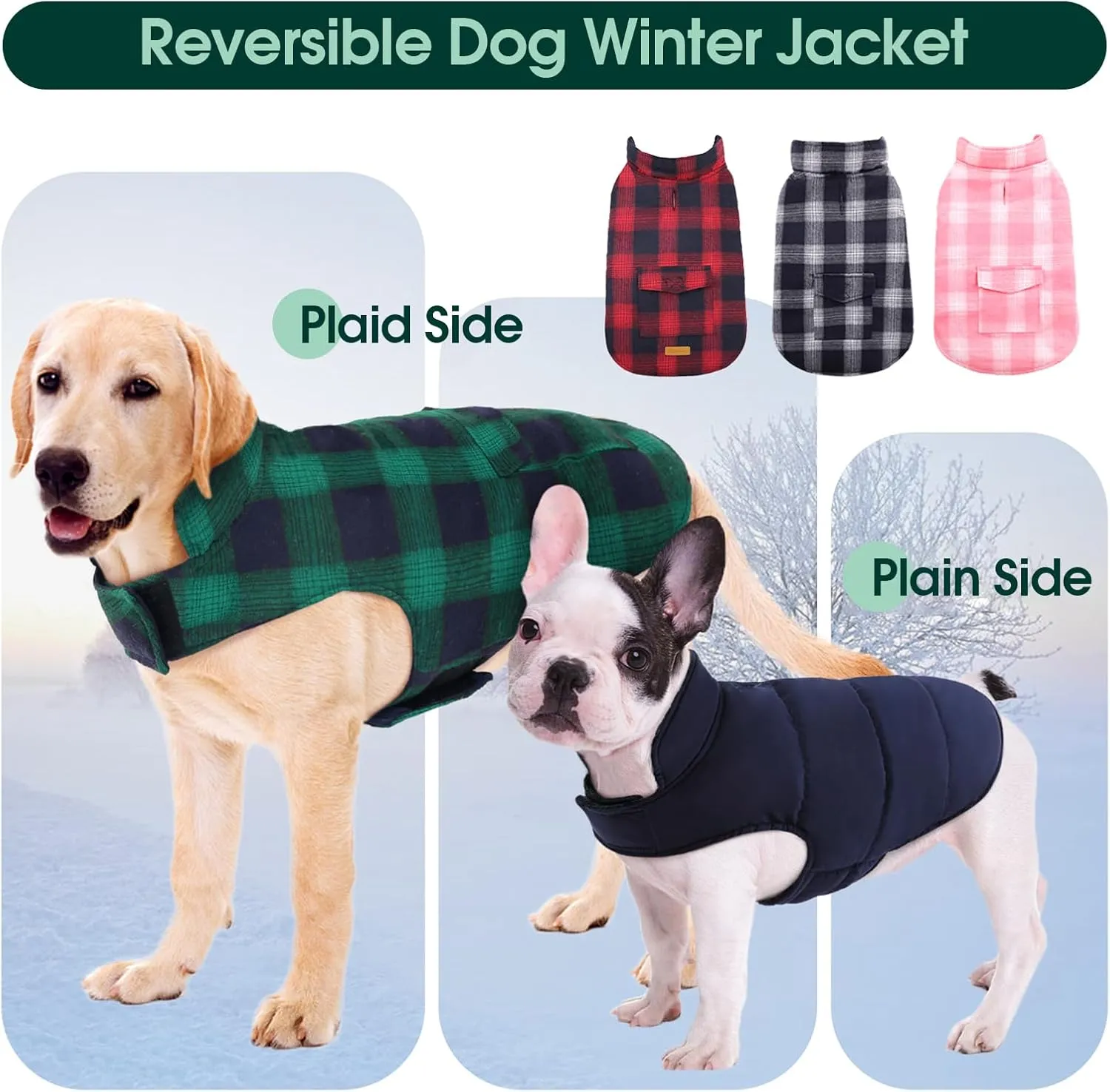 Kuoser Reversible Dog Jacket, Warm Winter Coat, Windproof Dog Clothes, Puppy Cold Weather Coat, Green S, M, L