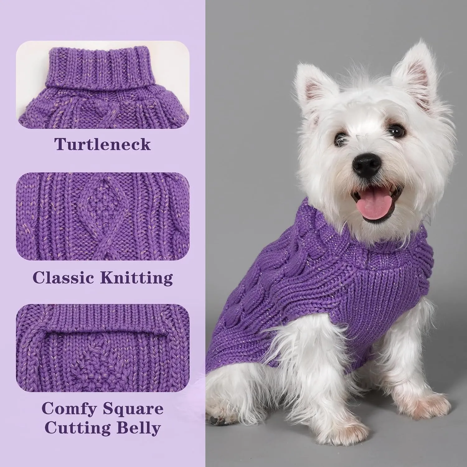 KYEESE Dog Sweaters for Small Dogs Turtleneck Dog Cable Knit Pet Sweater with Golden Thread for Cold Weather, Purple, Medium