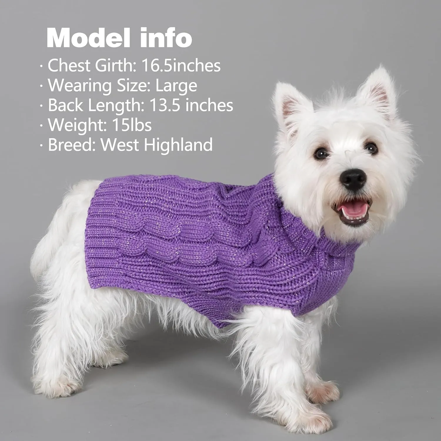 KYEESE Dog Sweaters for Small Dogs Turtleneck Dog Cable Knit Pet Sweater with Golden Thread for Cold Weather, Purple, Medium