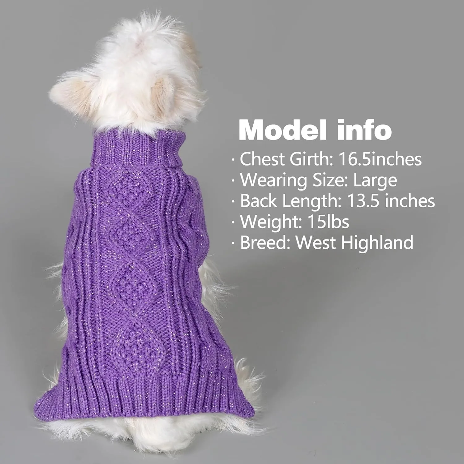 KYEESE Dog Sweaters for Small Dogs Turtleneck Dog Cable Knit Pet Sweater with Golden Thread for Cold Weather, Purple, Medium