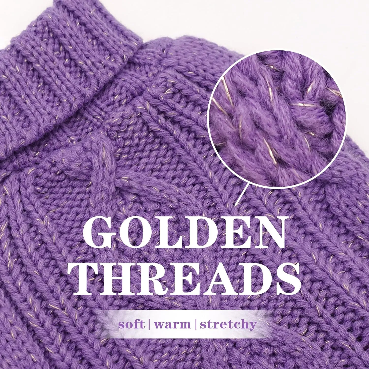 KYEESE Dog Sweaters for Small Dogs Turtleneck Dog Cable Knit Pet Sweater with Golden Thread for Cold Weather, Purple, Medium