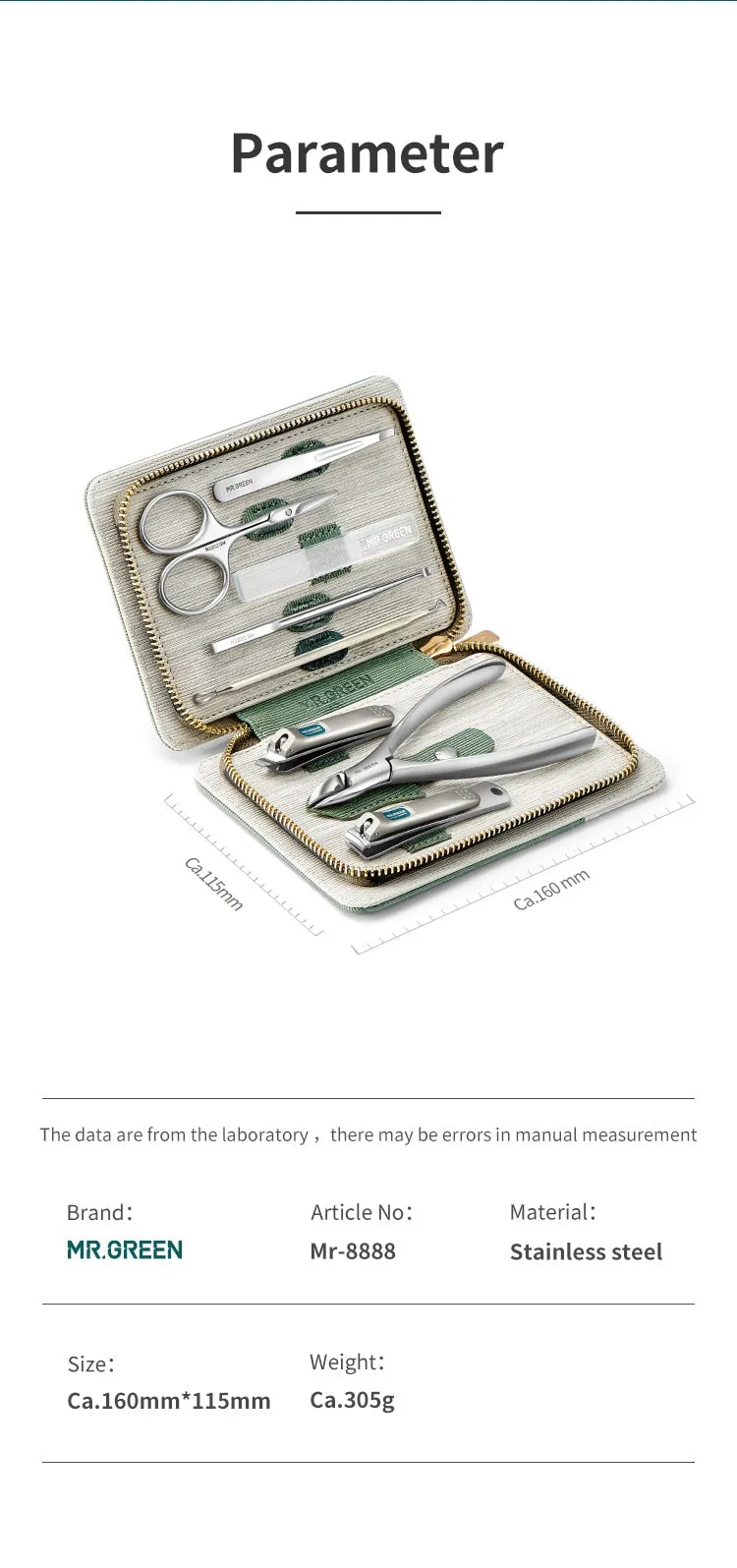 MR.GREEN Professional Manicure Pedicure & Facial Grooming 8pc Medical Grade Travel Kit