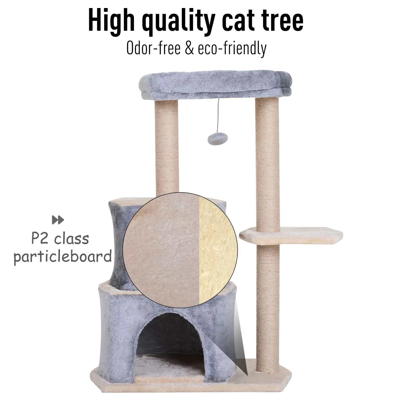 Multi-Level Cat Scratching Tree Condo Pet Activity Centre with Sisal-Covered Scratching Posts Perch w/ Bed and Dangle Toy Grey