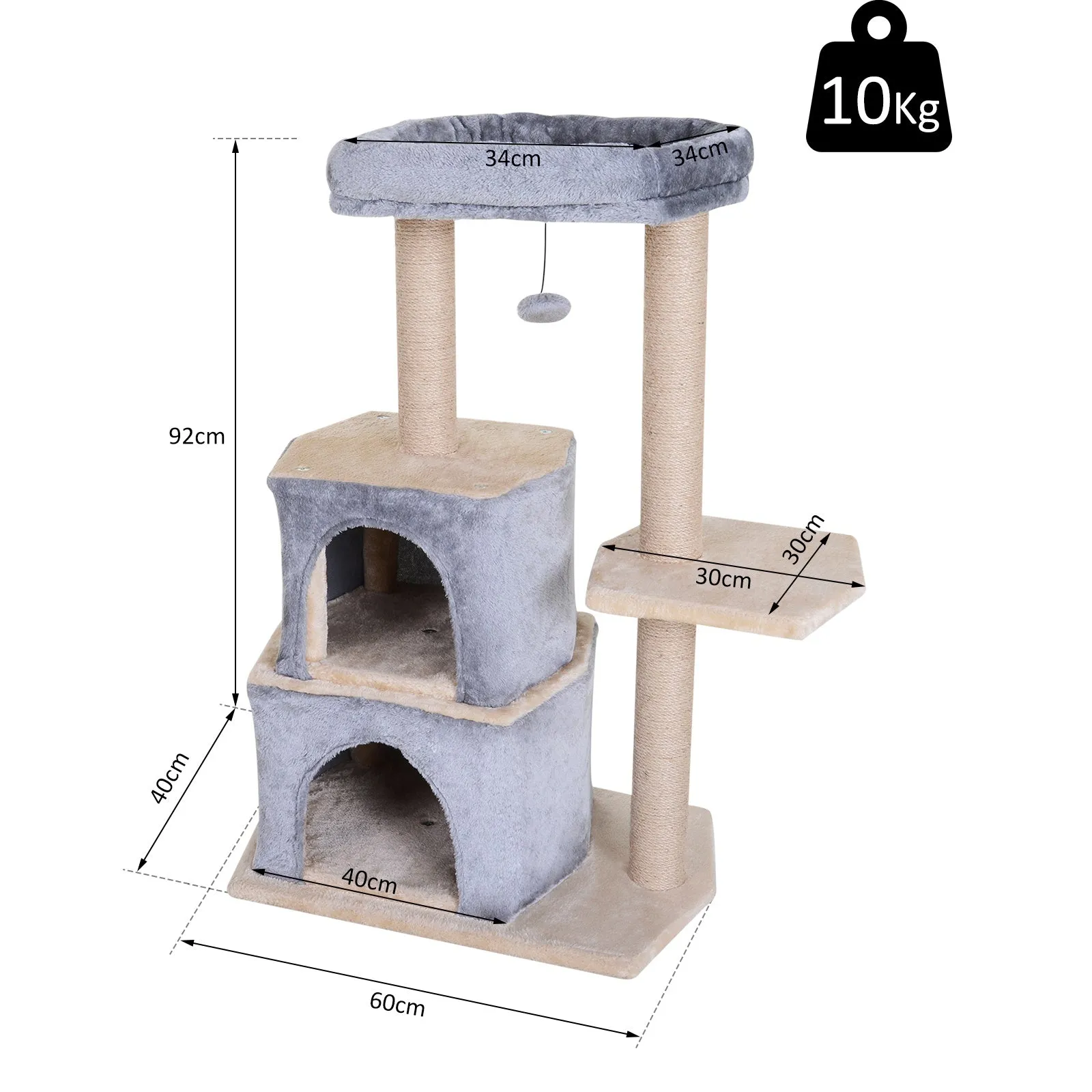 Multi-Level Cat Scratching Tree Condo Pet Activity Centre with Sisal-Covered Scratching Posts Perch w/ Bed and Dangle Toy Grey