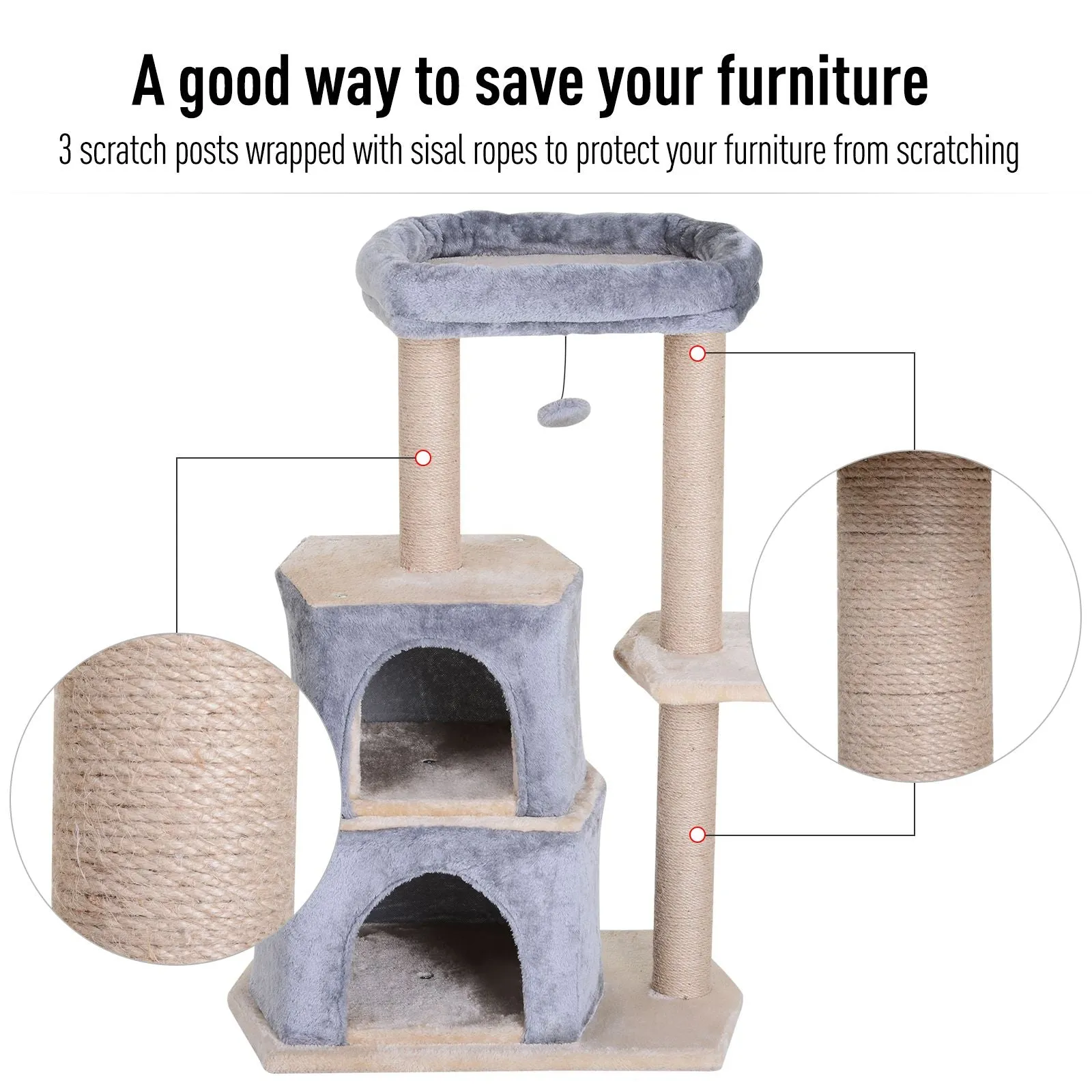 Multi-Level Cat Scratching Tree Condo Pet Activity Centre with Sisal-Covered Scratching Posts Perch w/ Bed and Dangle Toy Grey
