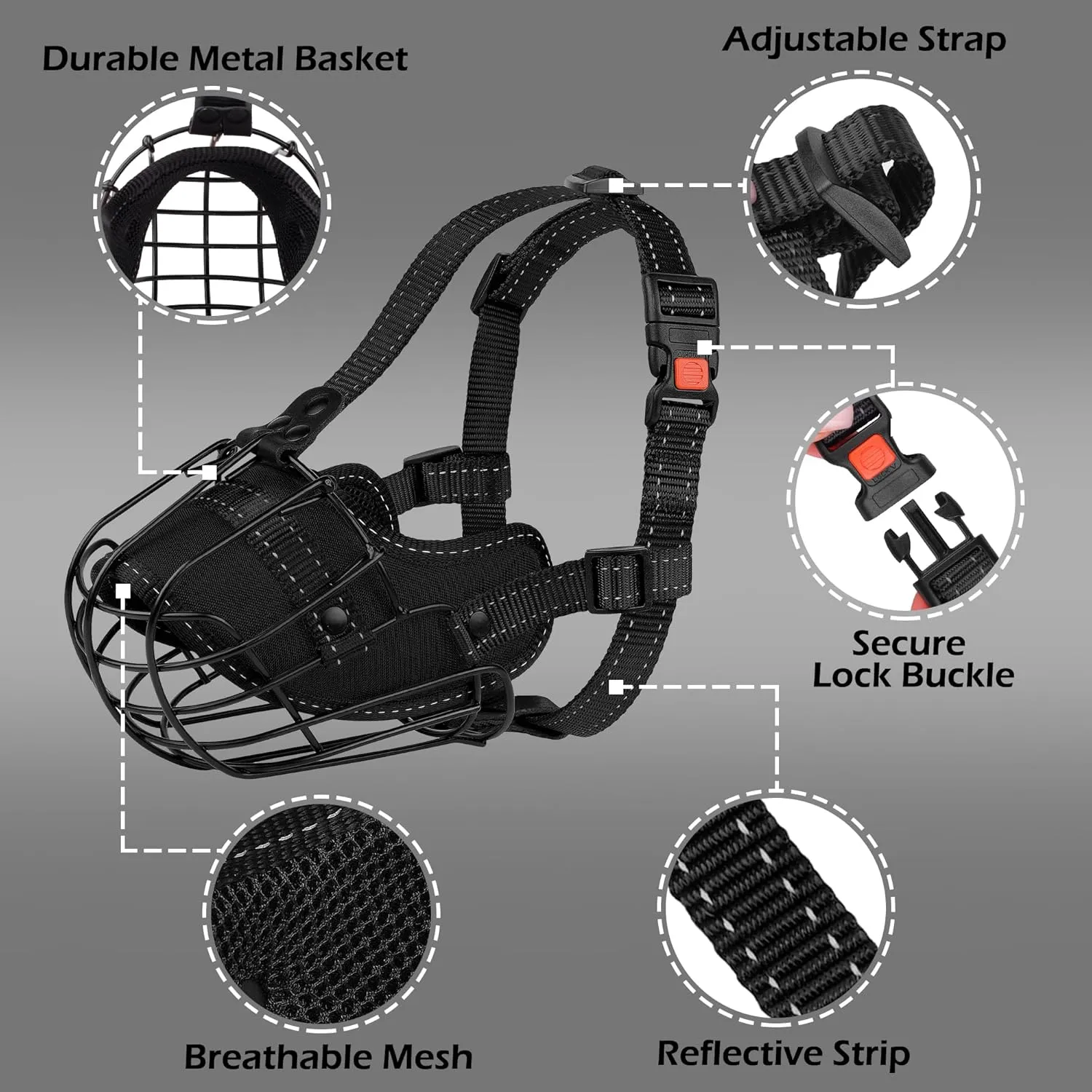 OOPSDOGGY Pitbull Dog Muzzle Reflective Metal Mask Secure Wire Basket Muzzle for Large Sized Dogs Amstaff Soft Cage Muzzle to Prevent Biting Chewing with Adjustable Nylon Straps (Black, Pitbull)