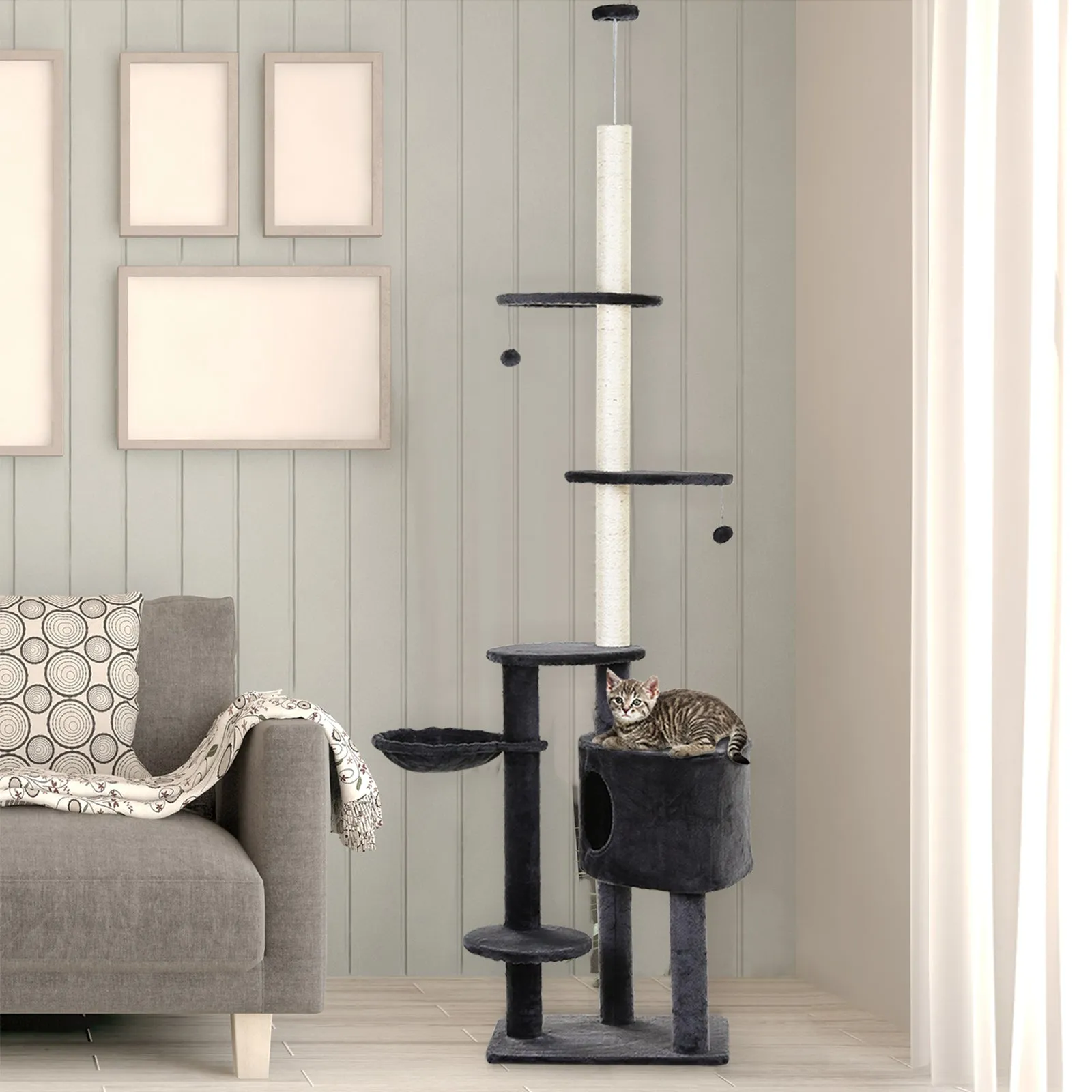 PawHut 5-Tier Grey Sisal Multi-Level Cat Tree Tower with Scratching Posts