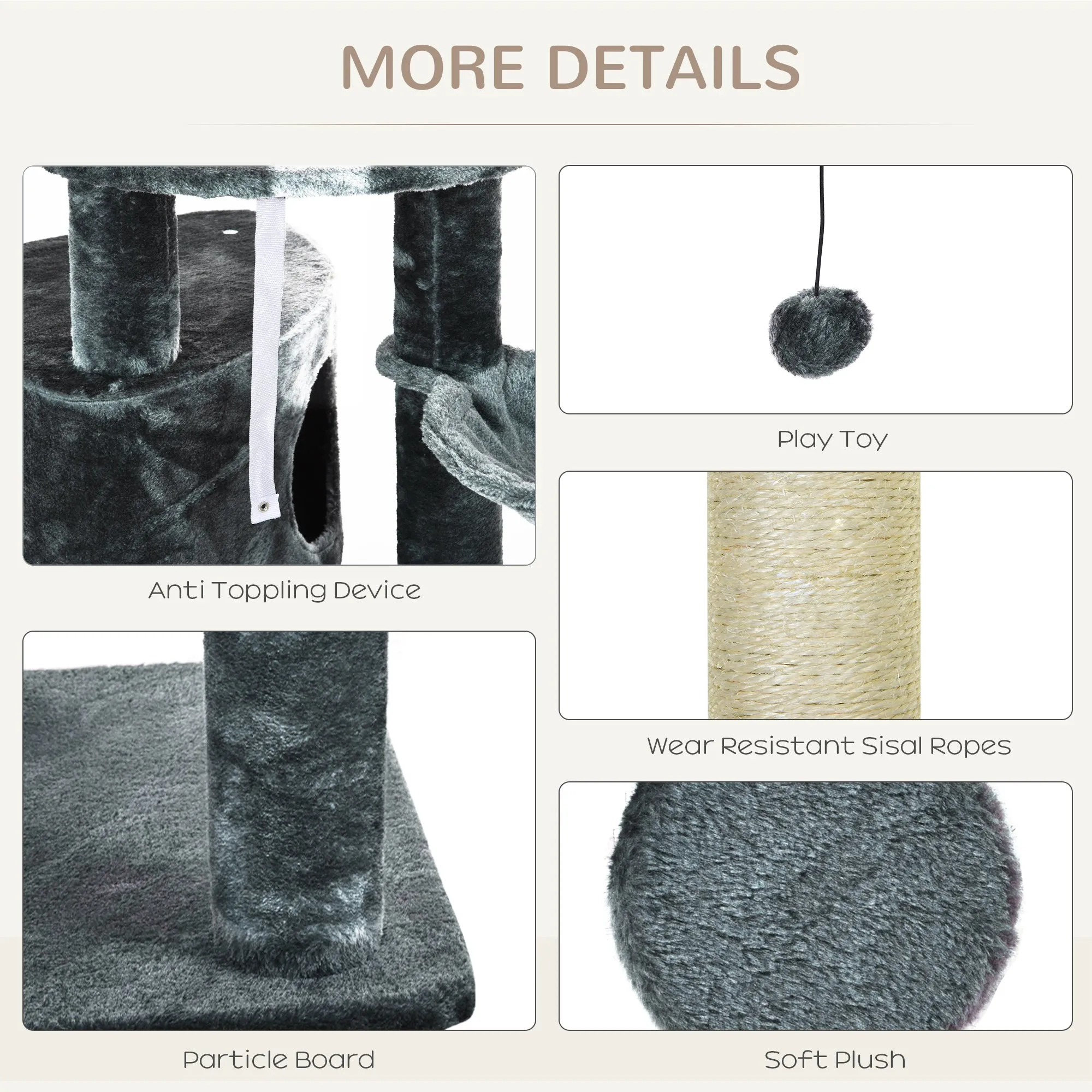 PawHut 5-Tier Grey Sisal Multi-Level Cat Tree Tower with Scratching Posts
