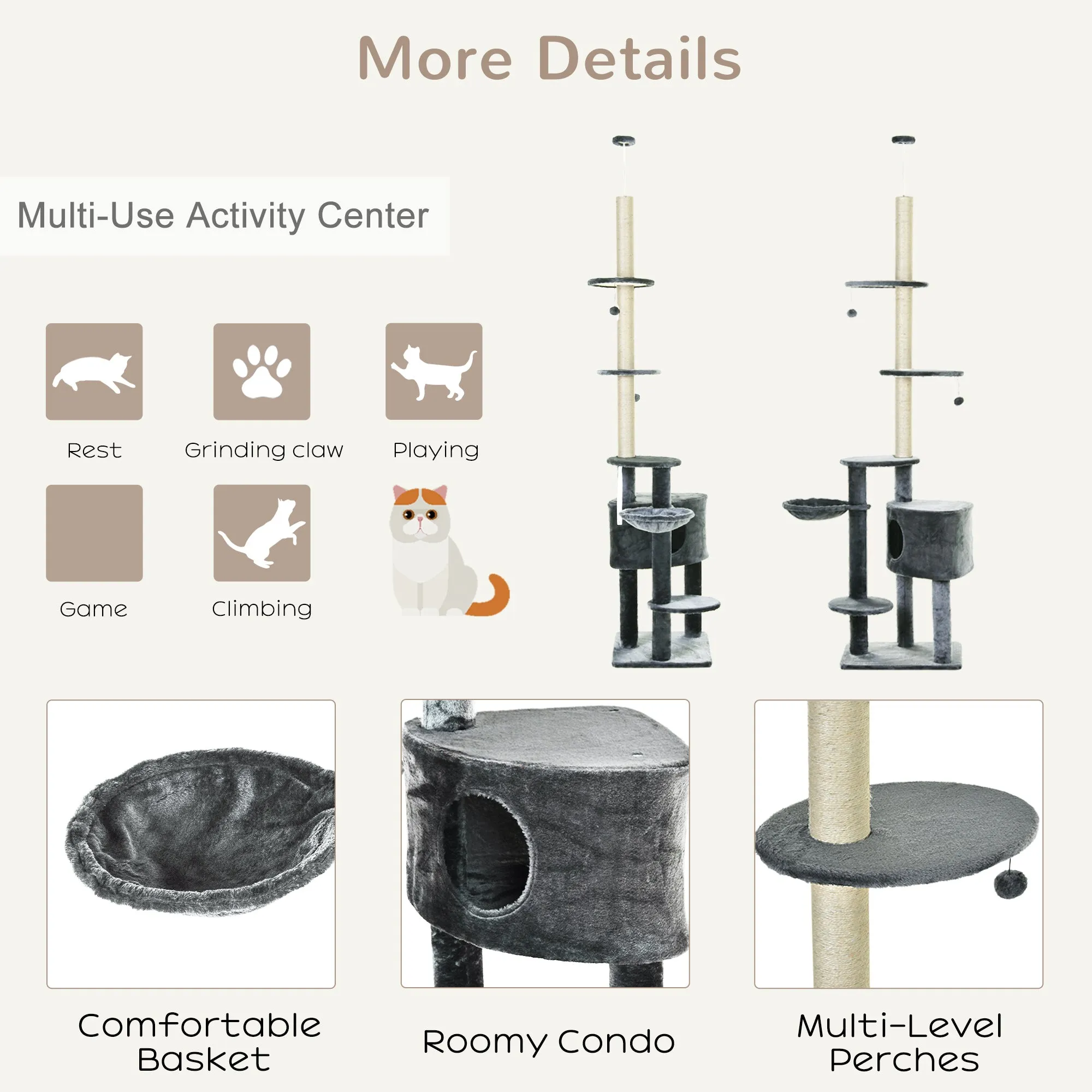 PawHut 5-Tier Grey Sisal Multi-Level Cat Tree Tower with Scratching Posts