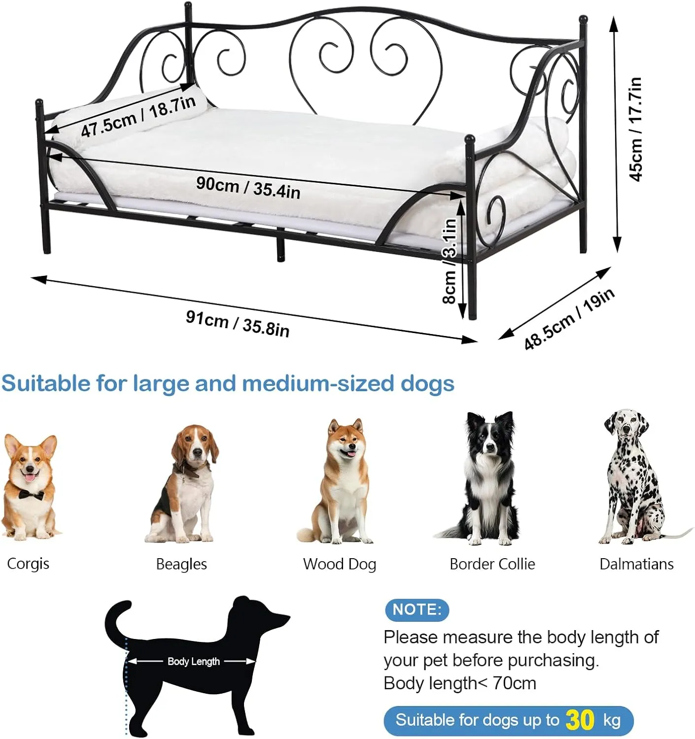 Pet Couch Bed, Large Dog Sofa Beds, Dog Furniture, Medium Pet Couch,Metal Frame and Washable Cushion, for Medium Sized Dogs Sitting (Black)