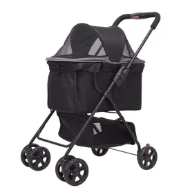 Pet Trolley Cart, Foldable Cat Dog Pram Buggy with Storage Basket, Front Swivel Wheels Quick Folding, Max Loading 15kg (Black)