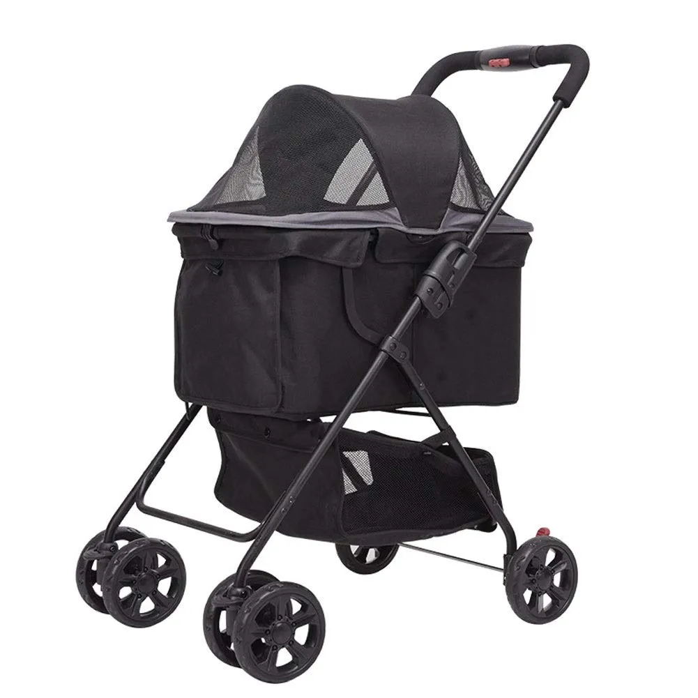 Pet Trolley Cart, Foldable Cat Dog Pram Buggy with Storage Basket, Front Swivel Wheels Quick Folding, Max Loading 15kg (Black)